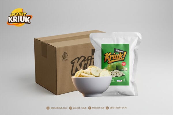 Keripik Apel Planet Kriuk isi karton grosir dan penyajian siap saji